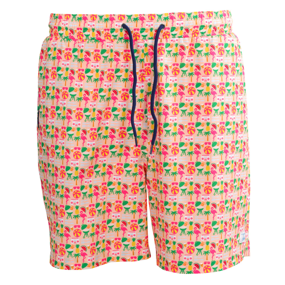 Peach w/Pool Party Print Swim Trunks