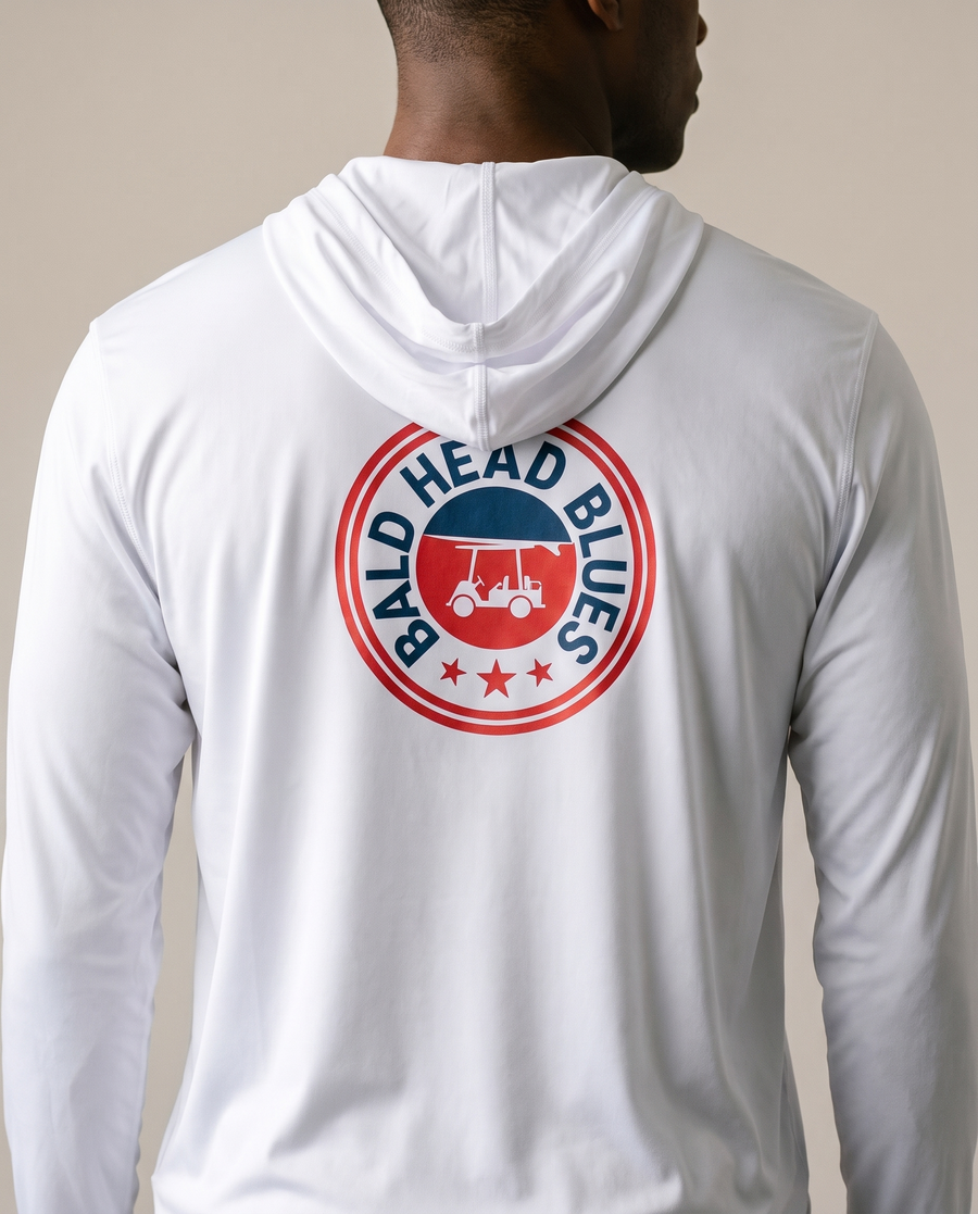 Back view of the Bald Head Blues white performance hoodie with the USA Circle back print