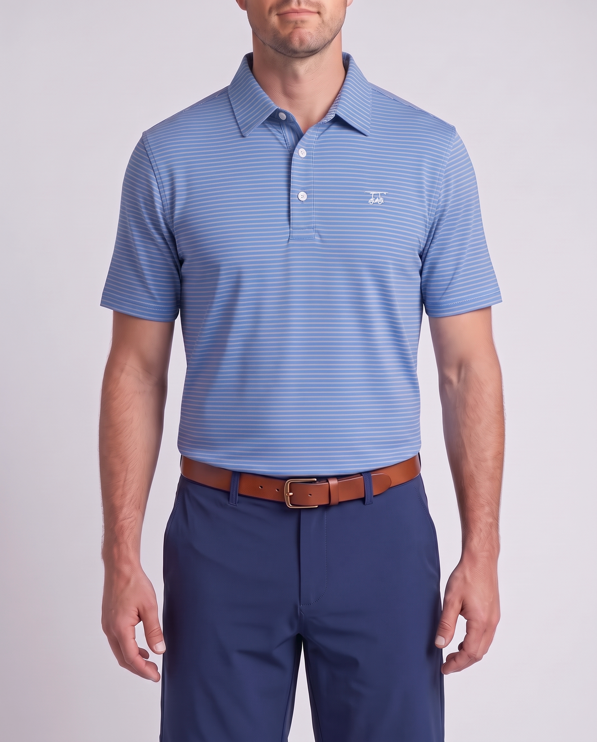 Albatross Polo Coral/Azure Pinstripe on model