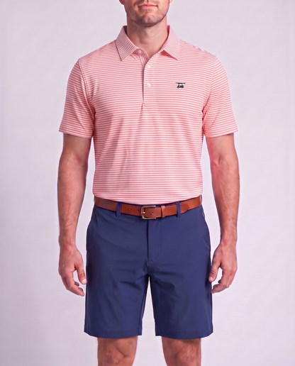 Albatross Polo Coral/White Feeder Stripe on model