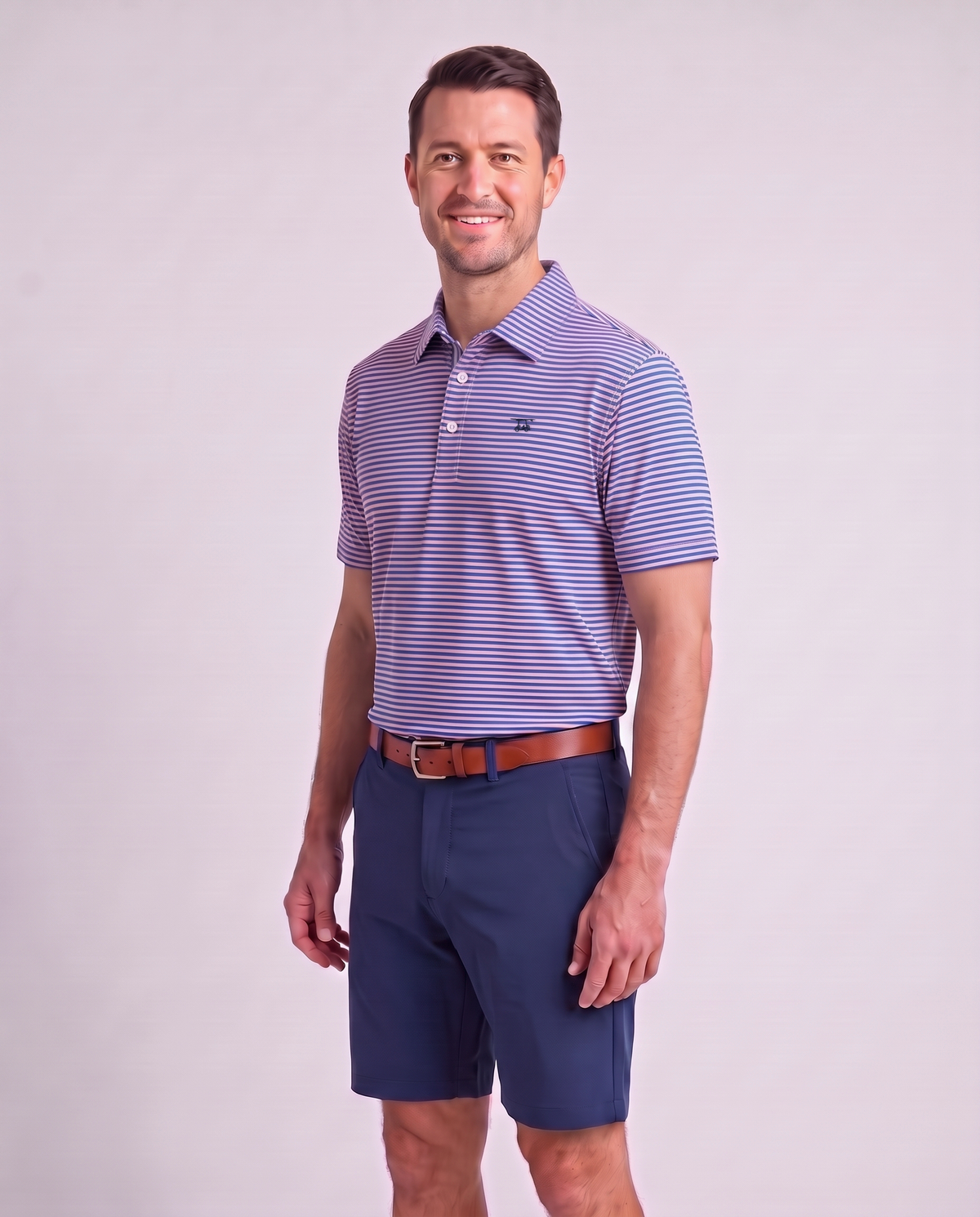 Albatross Polo Electric Blue/Peach Feeder Stripe on model angled