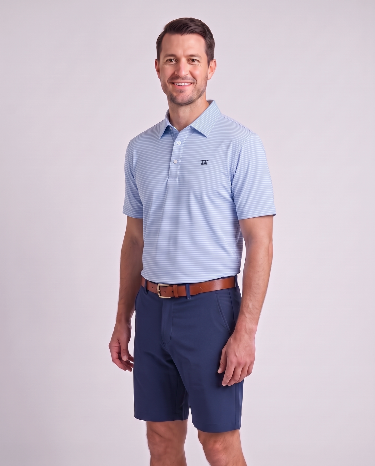 Albatross Polo Blush/Bell Pinstripe on model angled