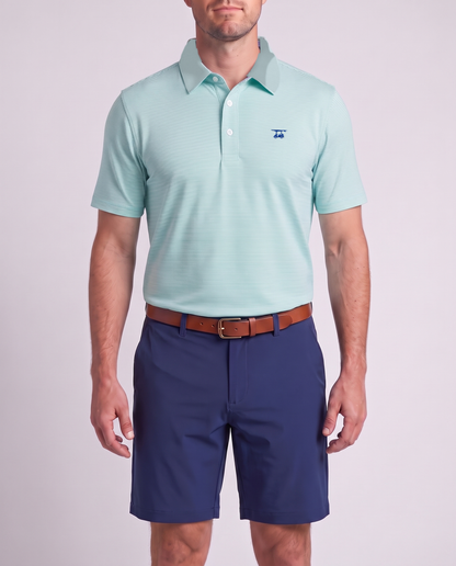 Albatross Polo Heather Aruba/White Microstripe on model