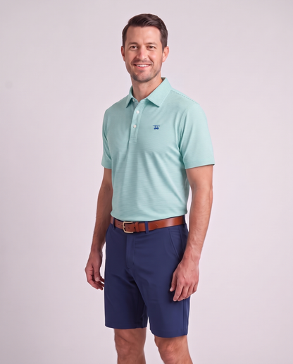 Albatross Polo Heather Aruba/White Microstripe on model angled