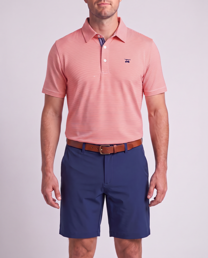 Albatross Polo Heather Coral White Microstripe on model