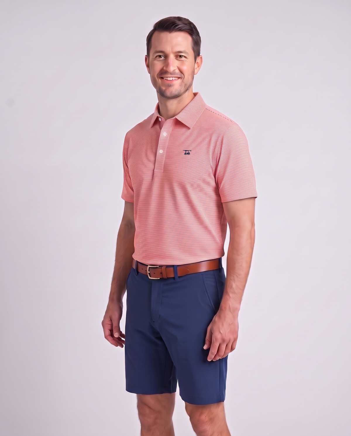 Albatross Polo Heather Coral/White Microstripe on model angled
