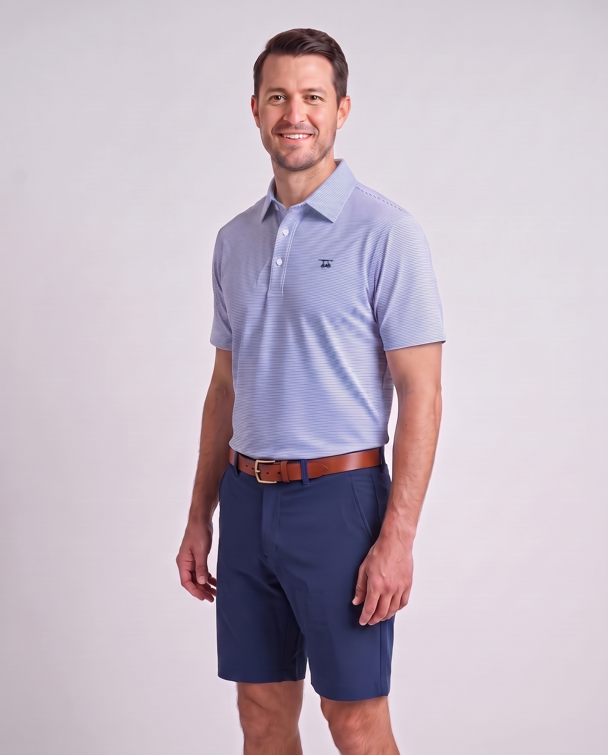 Albatross Polo Heather Lavender/White Microstripe on model angled