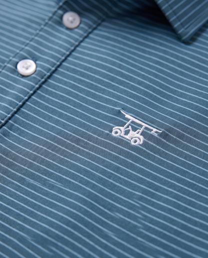 Albatross Polo Azure Ocean Depths Pinstripe logo detail