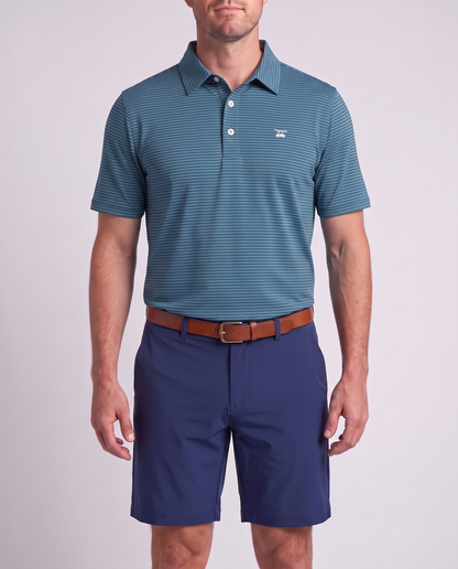 Albatross Polo Azure Ocean Depths Pinstripe on model