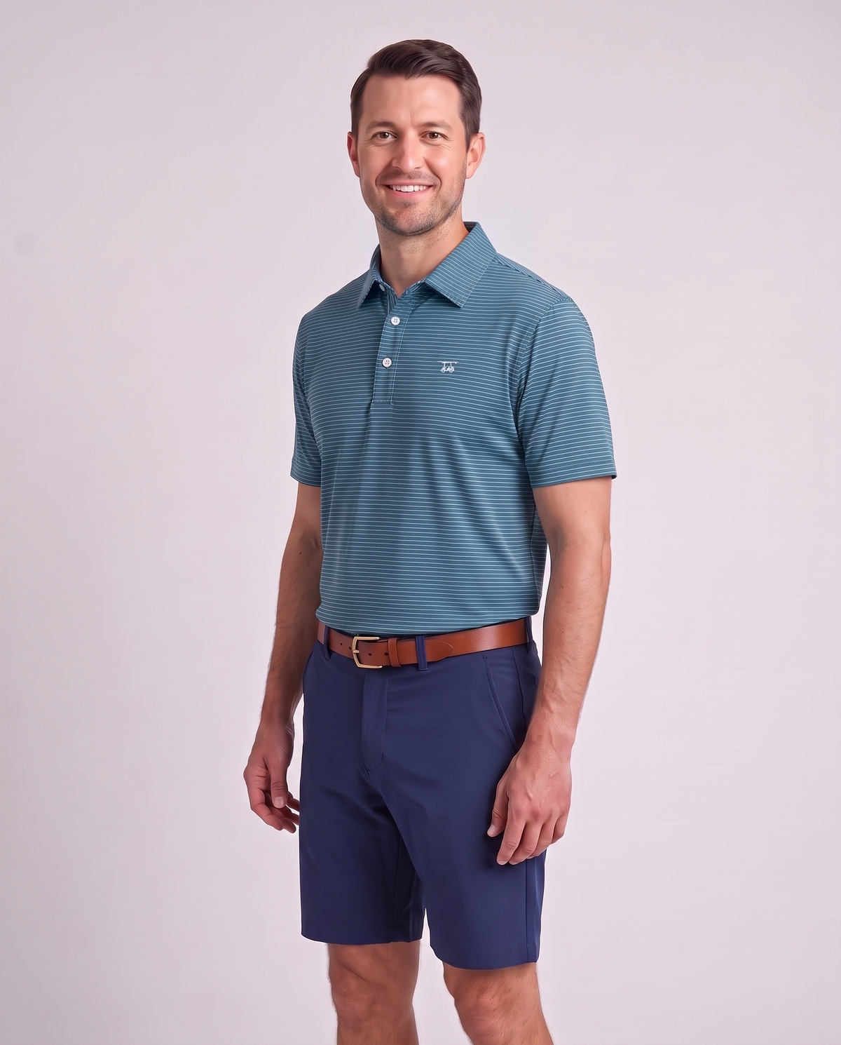 Albatross Polo Azure/Ocean Depths Pinstripe on model angled