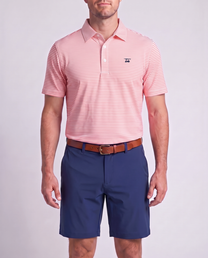 Albatross Polo Peach/White Feeder Stripe on model