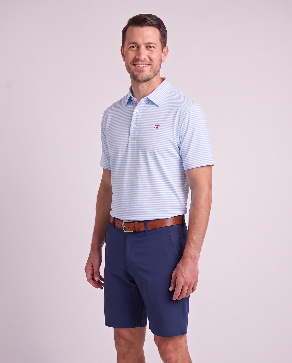 Albatross Polo Heather Bell White Stripe on model