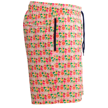 Peach w/Pool Party Print Swim Trunks