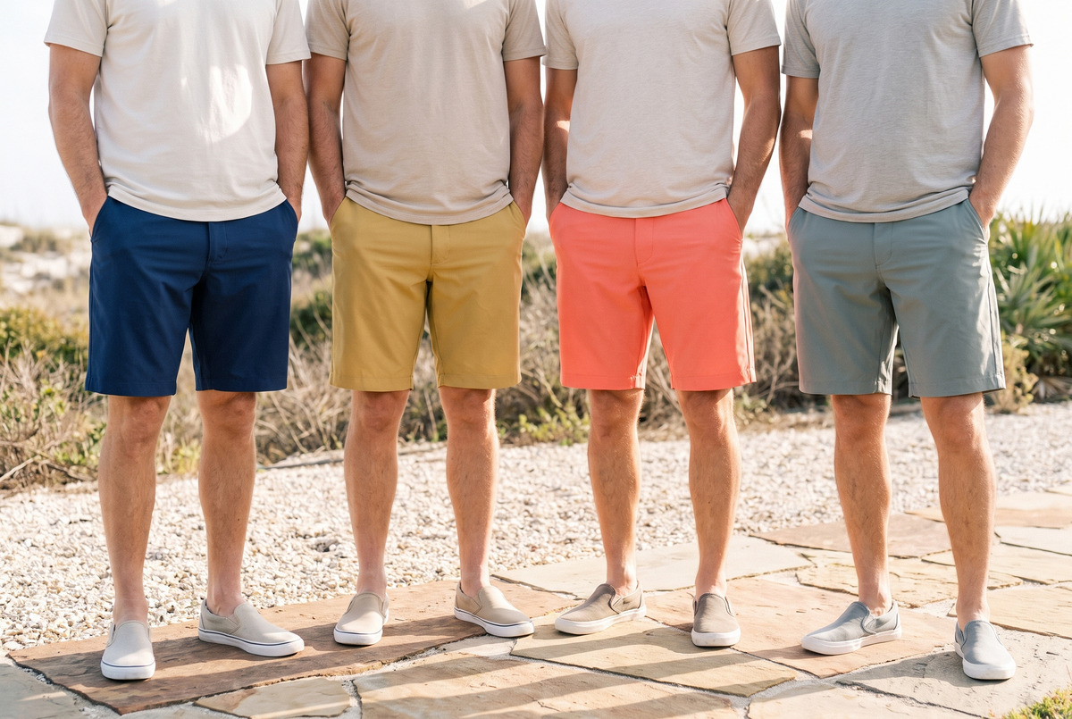 Four men side by side in Bald Head Blues performance shorts in Medieval, Khaki, Salmon and Monument