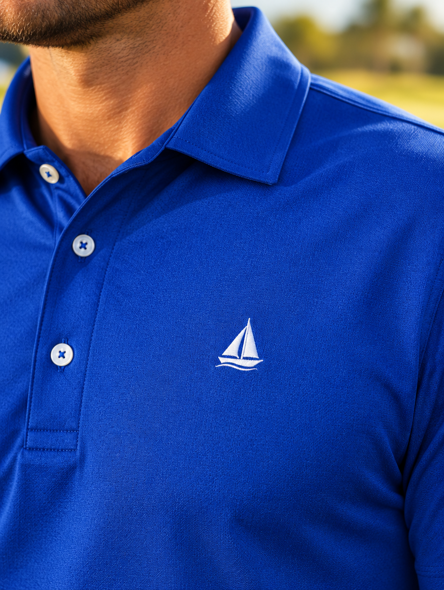 Embroidered logo detail on the chest of a Bald Head Blues polo
