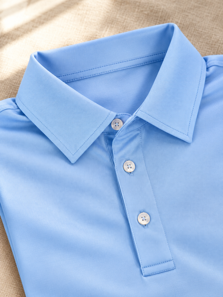 Close detail of the breathable knit fabric of a Bald Head Blues polo