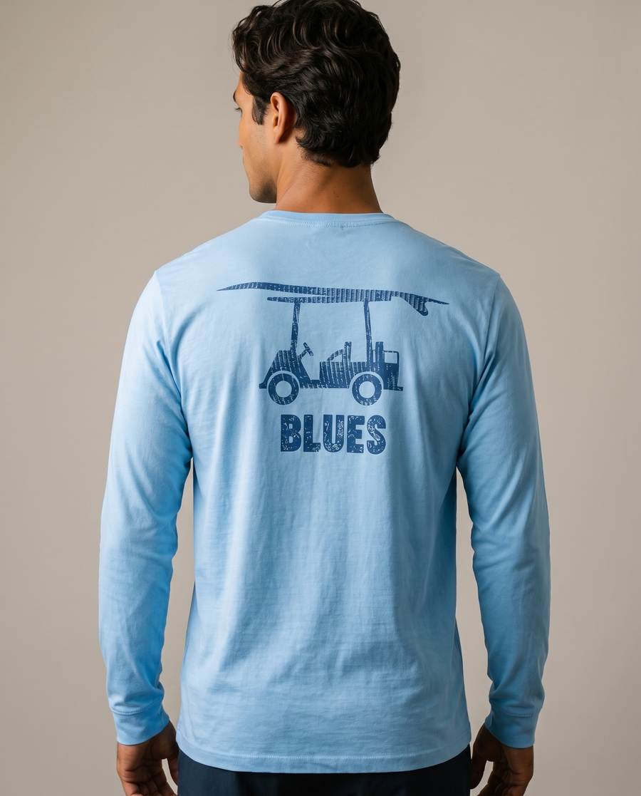 Back view of the Bald Head Blues azure long sleeve Island Tee with the golf cart and Blues back print